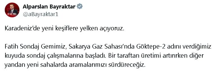 Enerji ve Tabii Kaynaklar Bakanı Alparslan Bayraktar, Karadeniz’deki Sakarya Gaz