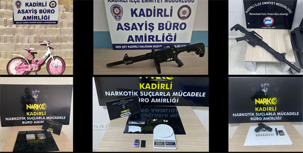 Kadirli İlçe Emniyet Müdürlüğü ekiplerince gerçekleştirilen asayiş uygulamalarında, çeşitli suçlardan