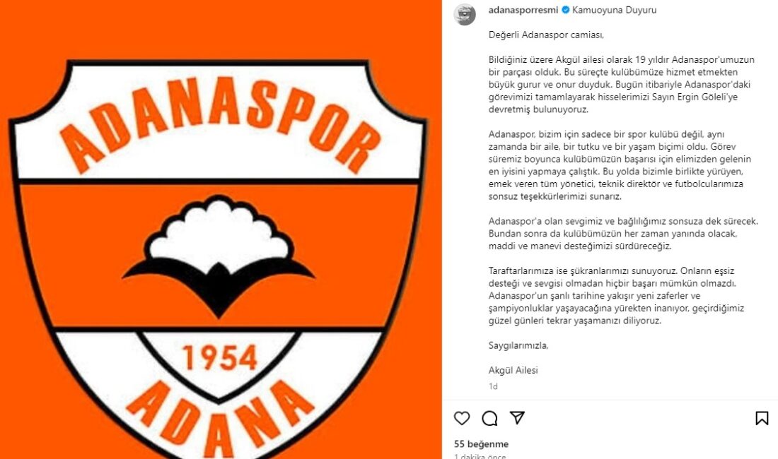 ADANA, – 1’İNCİ Lig ekiplerinden Adanaspor, sosyal medya hesaplarından yaptığı