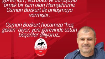 Kahramanmaraşspor Teknik Direktörlük görevine Kahramanmaraşlı Teknik adam Osman Bozkurt’u getirildi.