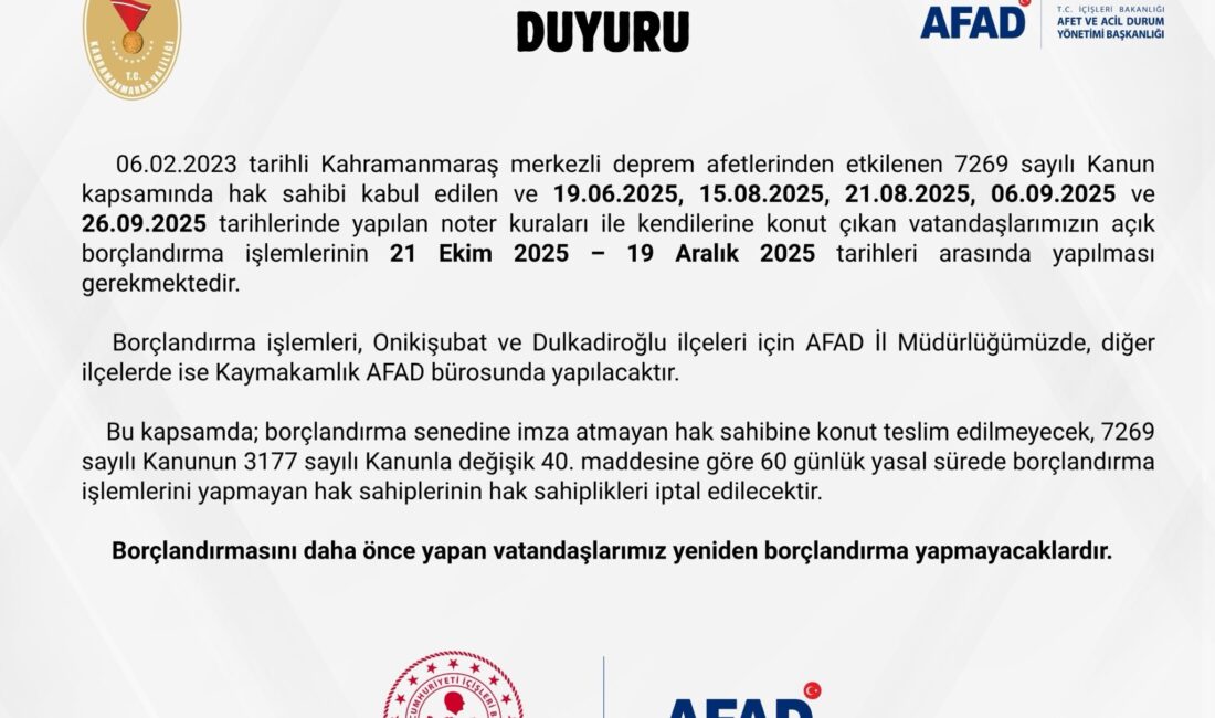 KAHRAMANMARAŞ VALİLİĞİN’DEN HAK SAHİPLERİ İÇİN TEKRARLANMAYACAK ÖNEMLİ DUYURU 6 Şubat 2023 Kahramanmaraş Merkezli depremlerinin ardından hak sahipliği süreci