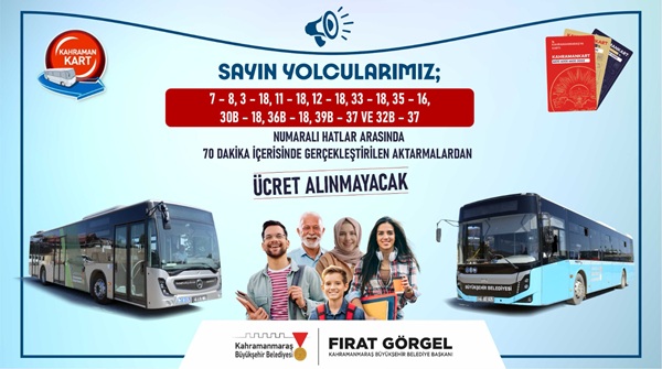 Büyükşehir Belediyesi, belirli otobüs hatları arasında 70 dakika içerisinde yapılacak