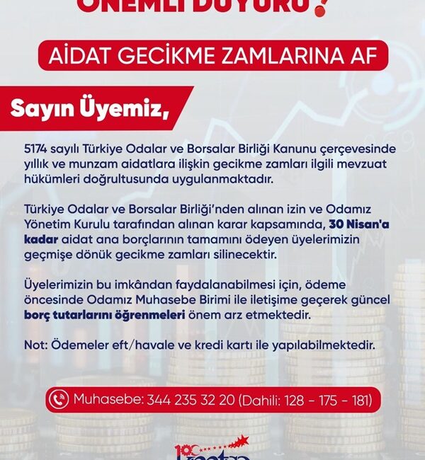 KMTSO üyeleri, yıllık ve munzam aidat borçlarını gecikme zammı ödemeden