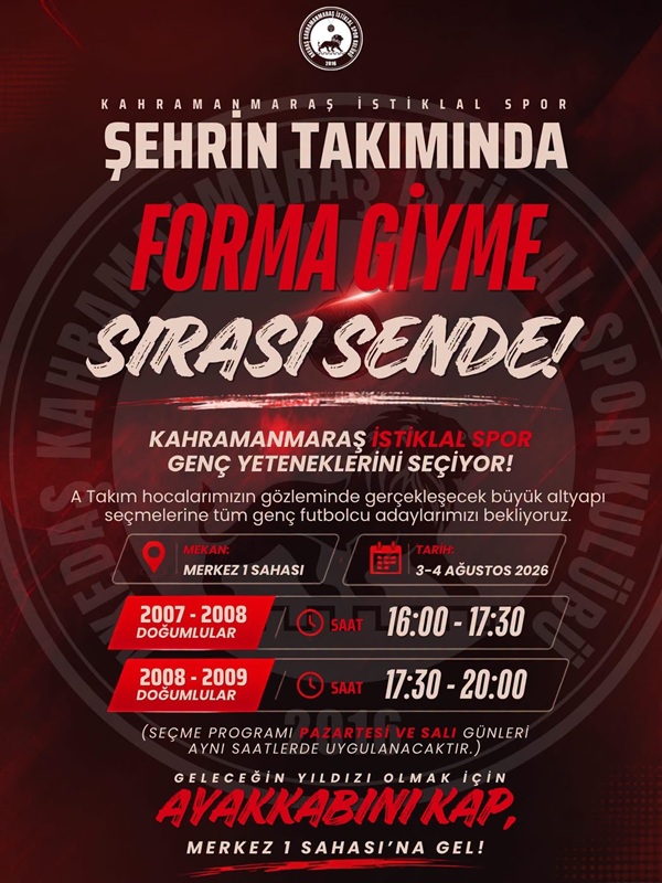 Kahramanmaraş İstiklalspor genç yeteneklerini seçiyor A takım hocalarının gözleminde gerçekleşecek