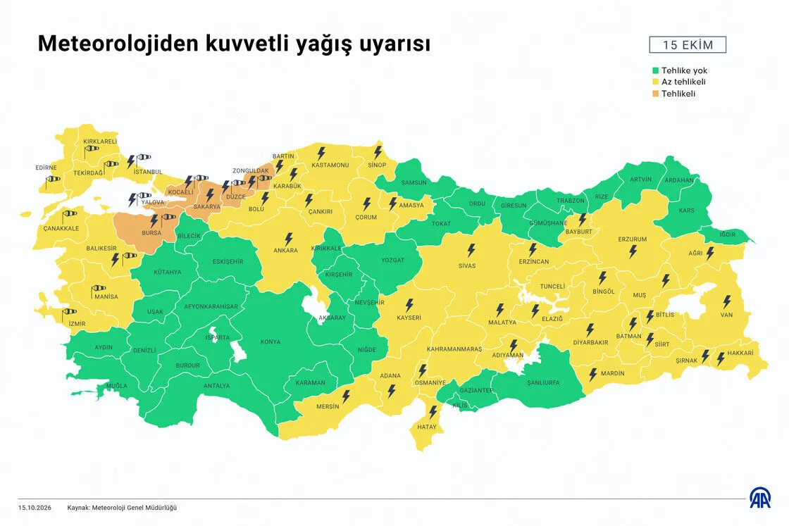 18 il için sarı ve turuncu kodlu uyarı Meteoroloji Genel